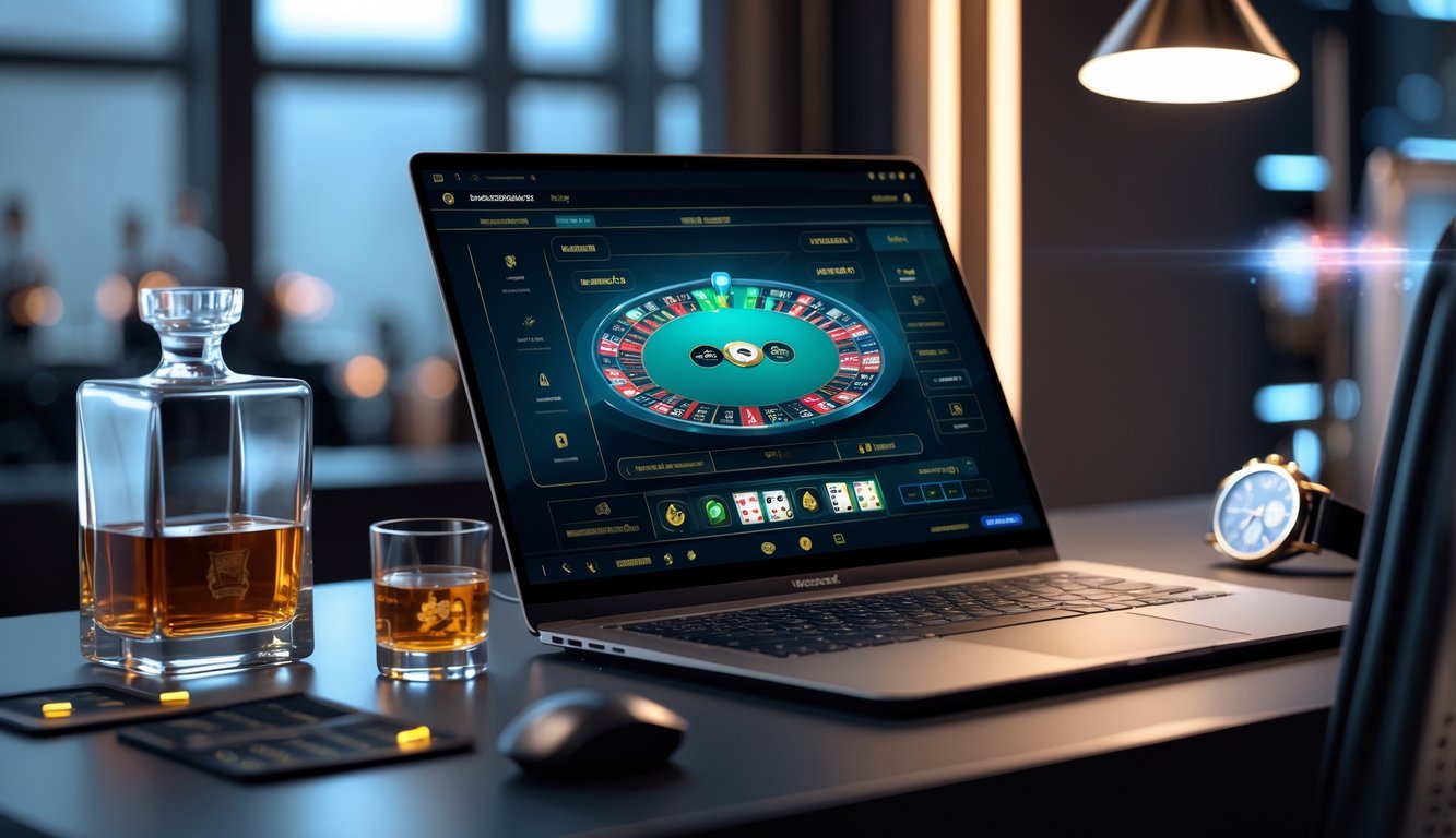 Seorang pemain profesional sedang bermain baccarat online di depan komputer dengan suasana mewah dan modern.