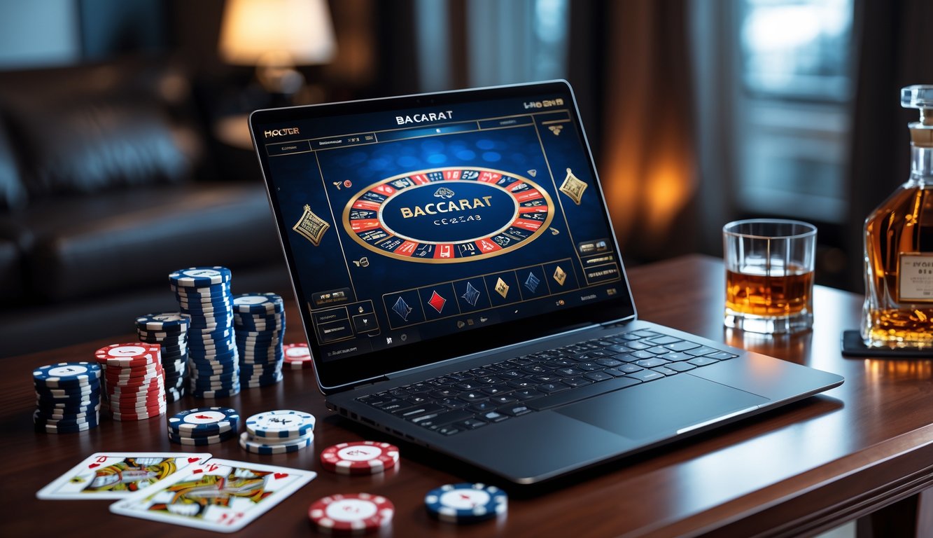 Sebuah laptop modern dengan permainan baccarat online yang sedang berlangsung di atas meja kayu, dikelilingi oleh chip poker dan kartu remi, dengan suasana pencahayaan yang hangat.