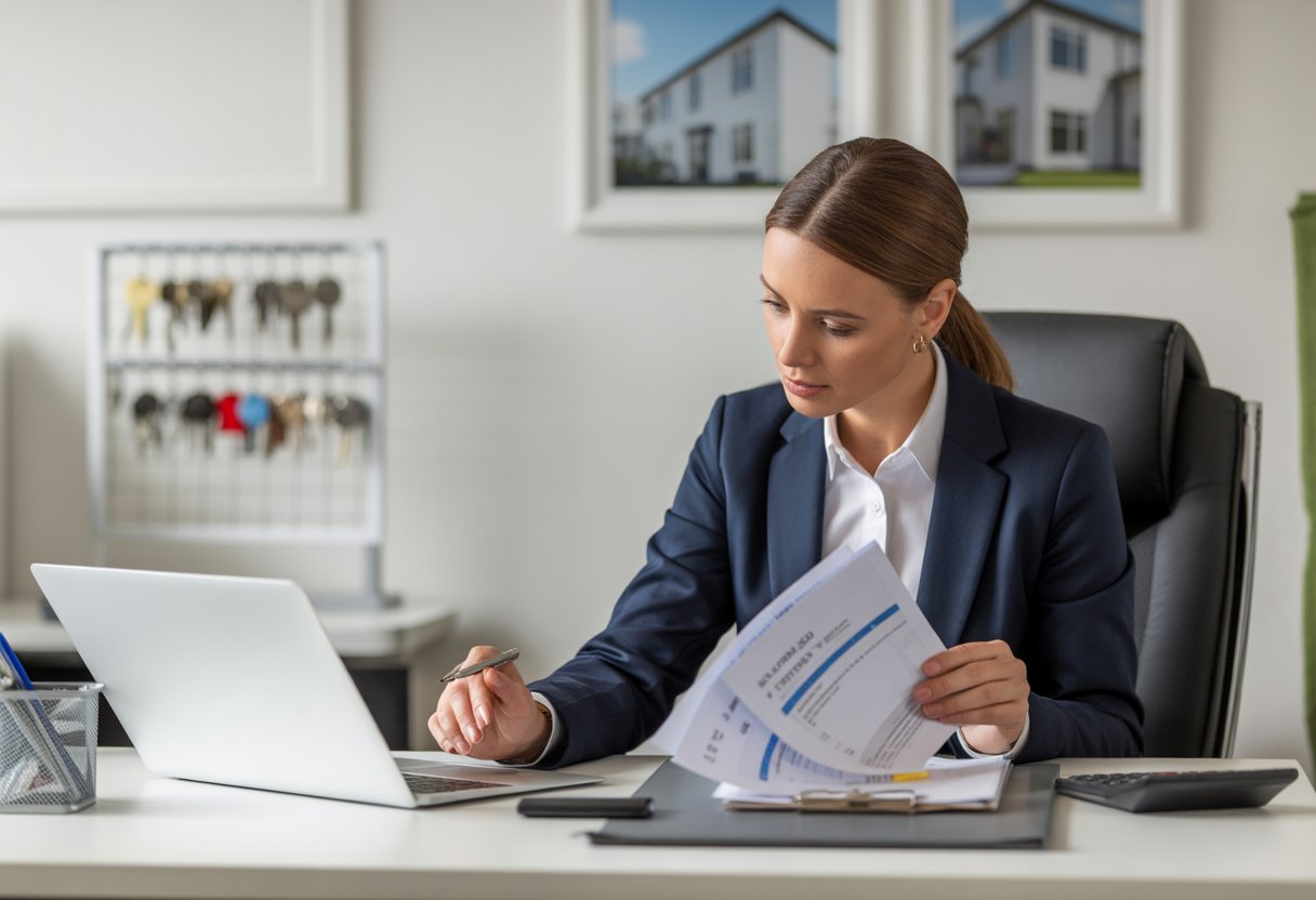A person in business attire sitting at an office desk reviewing documents and using a laptop, with keys and pictures of buildings in the background.
