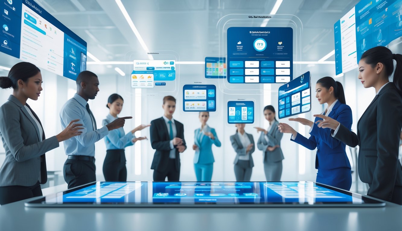 Beberapa profesional sedang menggunakan layar digital transparan yang menampilkan berbagai antarmuka permainan baccarat online dan fitur-fitur terkait di sebuah kantor modern.