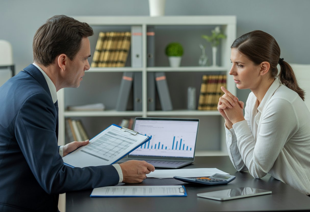 A landlord and tenant having a serious discussion in an office with documents and a laptop on the desk.