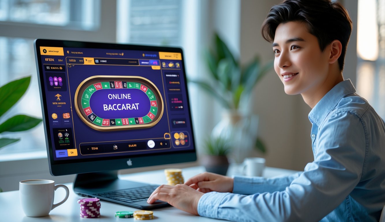 Seorang pemuda duduk di depan komputer yang menampilkan permainan baccarat online dengan suasana nyaman di rumah.
