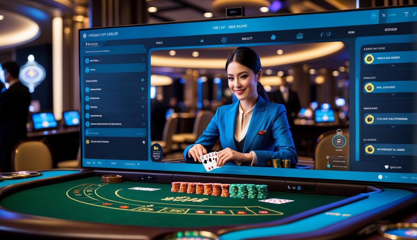 Seorang dealer kartu profesional sedang membagikan kartu di meja baccarat dengan latar belakang kasino mewah dan layar digital yang menampilkan permainan secara langsung.