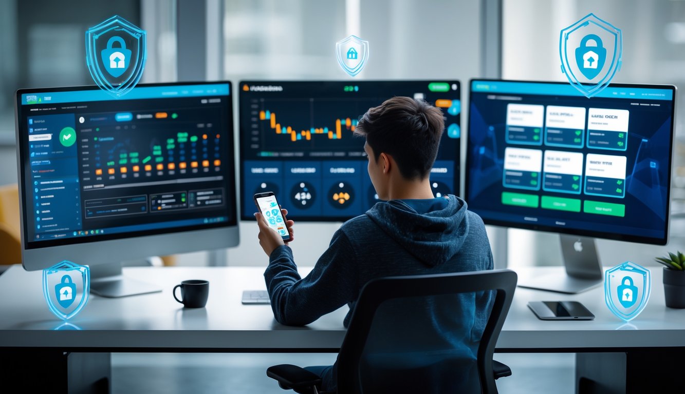 Seorang dewasa muda duduk di meja dengan beberapa layar komputer menampilkan situs taruhan online yang aman dan terpercaya, menggunakan ponsel dan laptop di ruang kantor yang terang.