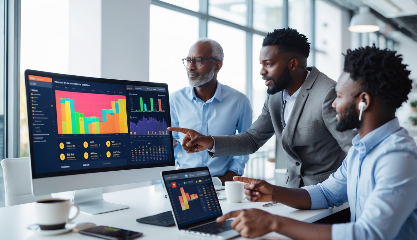 Dua orang sedang berdiskusi di ruang kerja modern dengan monitor menampilkan grafik taruhan online dan perangkat teknologi di atas meja.