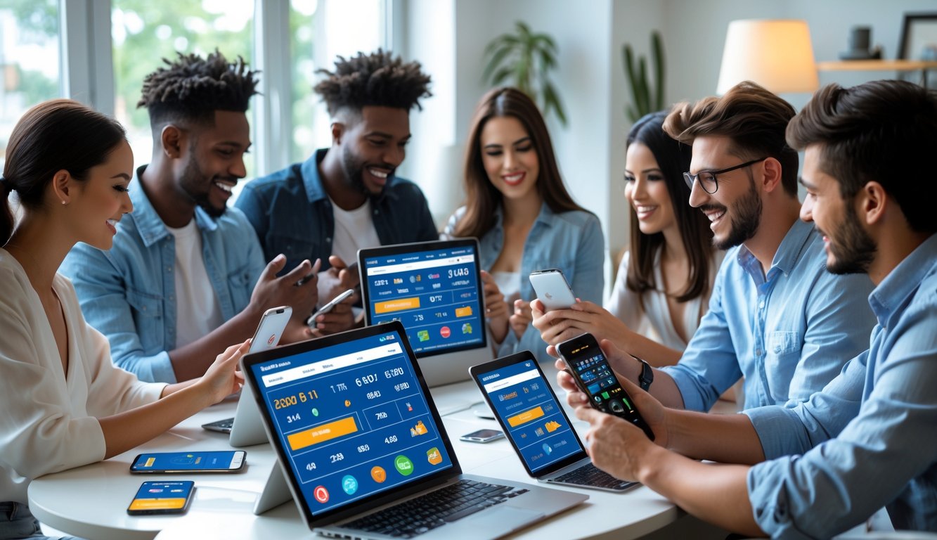 Beberapa orang muda menggunakan perangkat digital di ruang modern untuk taruhan online dengan suasana cerah dan nyaman.