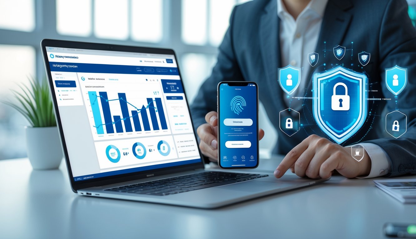Seorang profesional sedang menganalisis data taruhan online di depan laptop dan ponsel dengan ikon keamanan di layar.