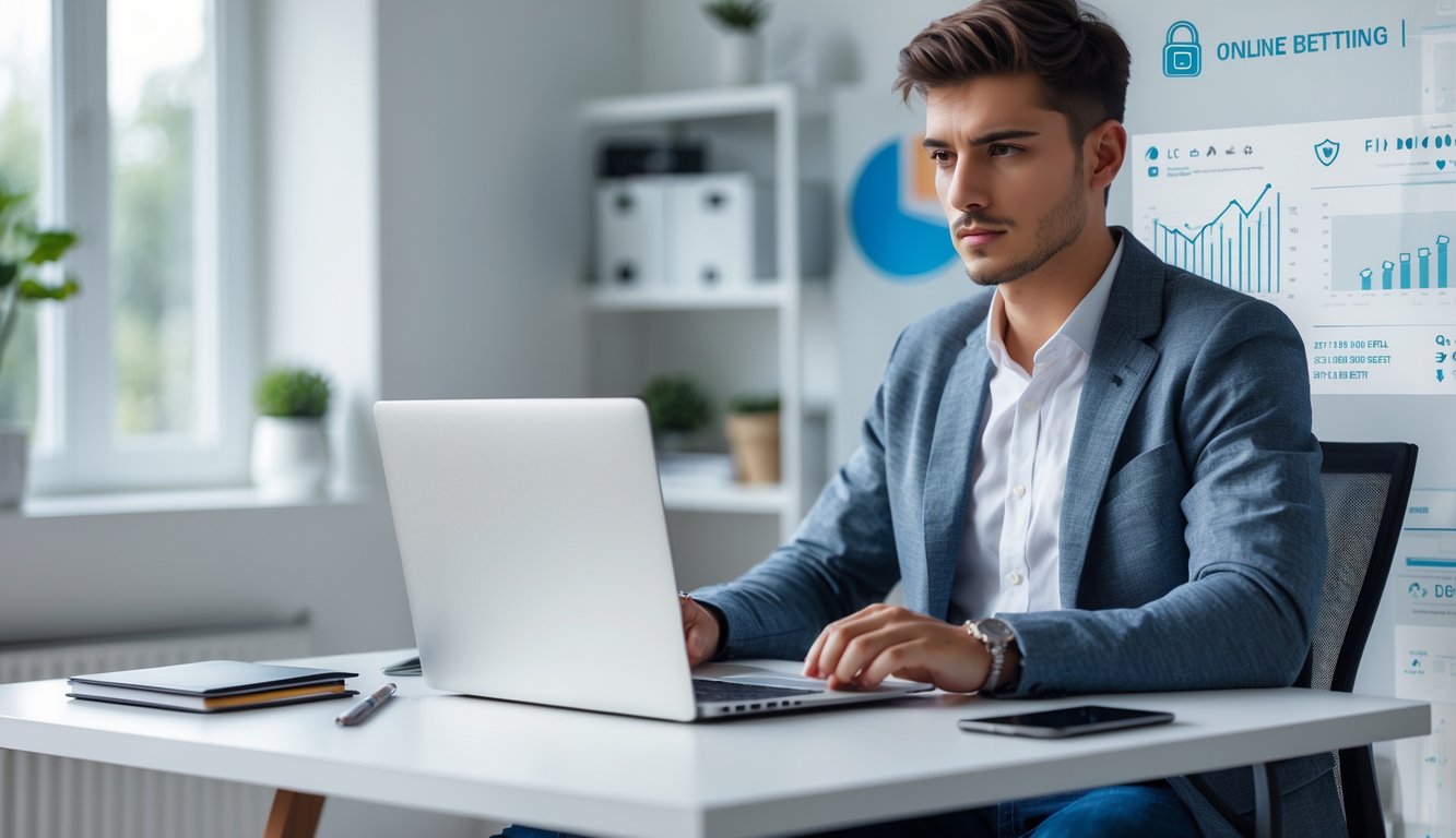 Seorang pria muda duduk di meja dengan laptop di ruang kerja yang terang dan rapi, fokus menggunakan komputer.