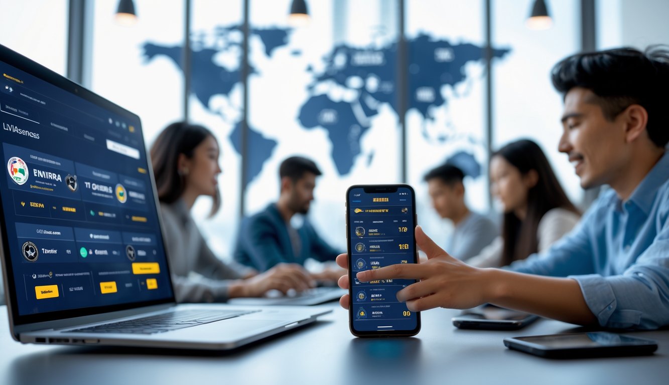 Orang-orang muda menggunakan laptop dan ponsel untuk bertaruh online dengan latar belakang landmark dari Asia dan Eropa.