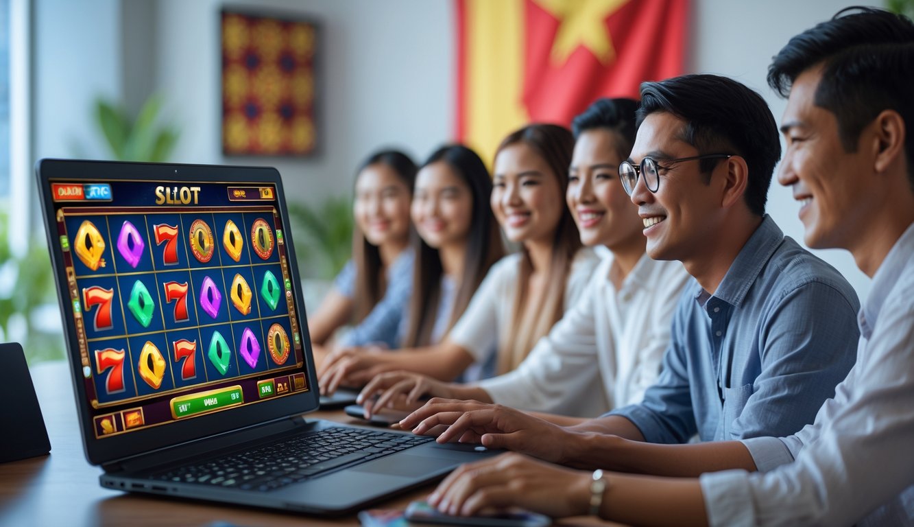 Beberapa orang muda Indonesia sedang menggunakan laptop dan ponsel untuk bermain slot online di ruang kerja yang terang dan rapi.