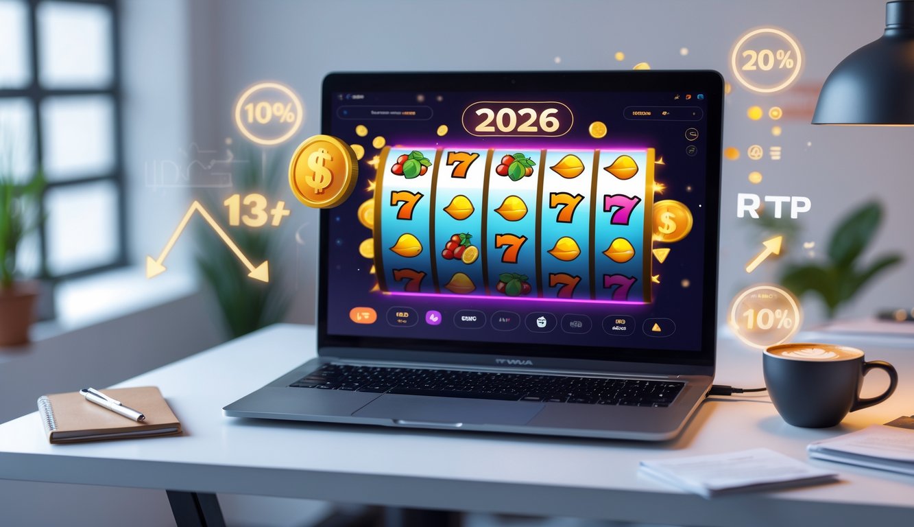 Seorang pengguna duduk di depan komputer dengan layar menampilkan permainan slot online yang berwarna-warni, dikelilingi oleh grafik dan ikon yang menunjukkan tingkat pengembalian tinggi, di ruang kerja yang rapi dan terang.