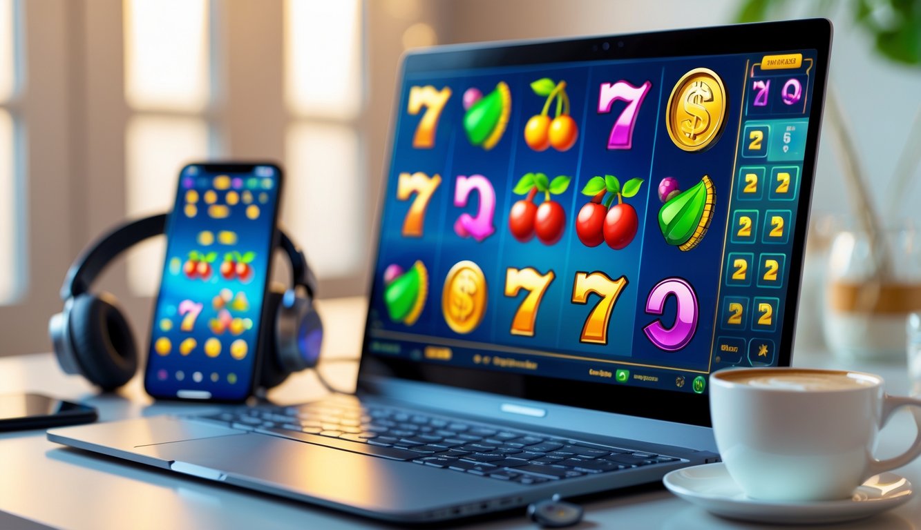 Sebuah meja kerja dengan komputer yang menampilkan permainan slot online berwarna-warni, dikelilingi oleh aksesori game seperti ponsel dan headphone di ruangan yang nyaman.