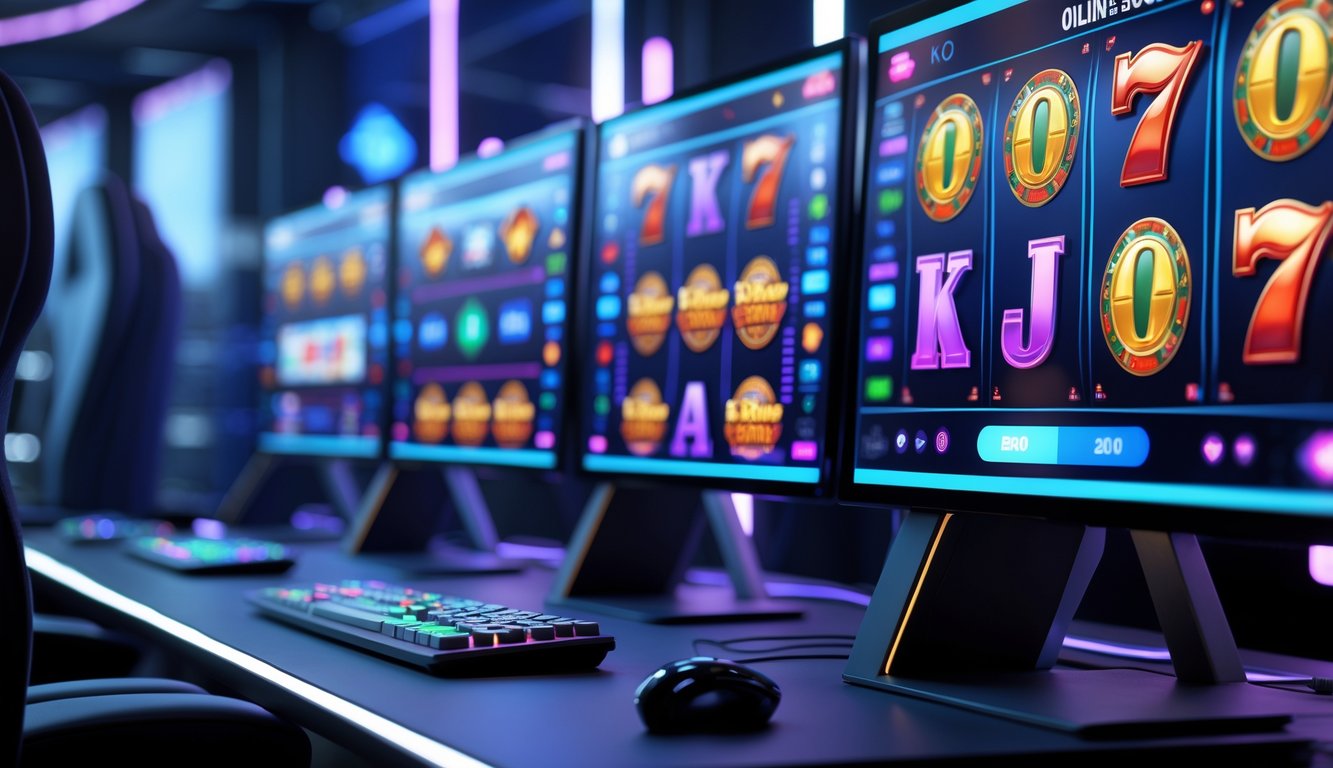 Sebuah ruang kerja modern dengan komputer yang menampilkan permainan slot online berwarna-warni di layar.
