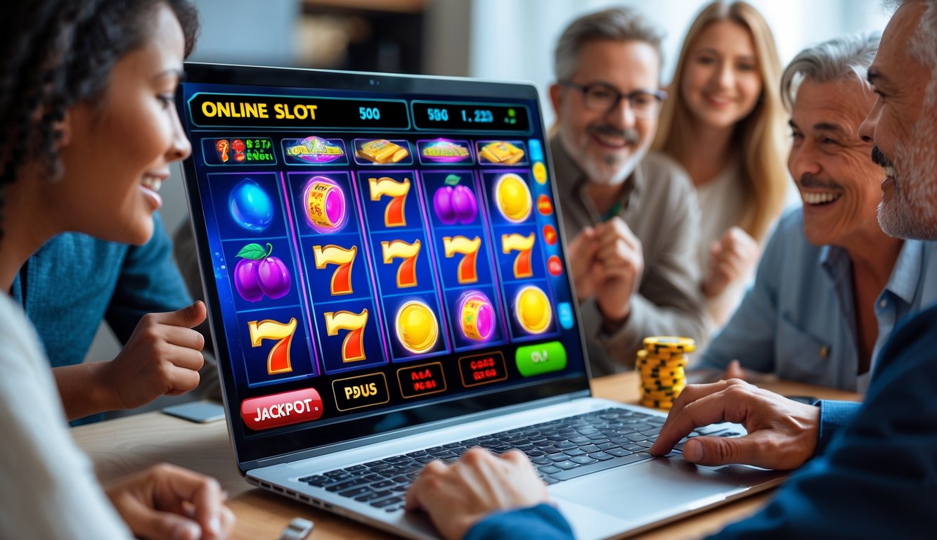 Beberapa orang bermain permainan slot online di komputer dengan ekspresi fokus dan senang di lingkungan rumah yang nyaman.