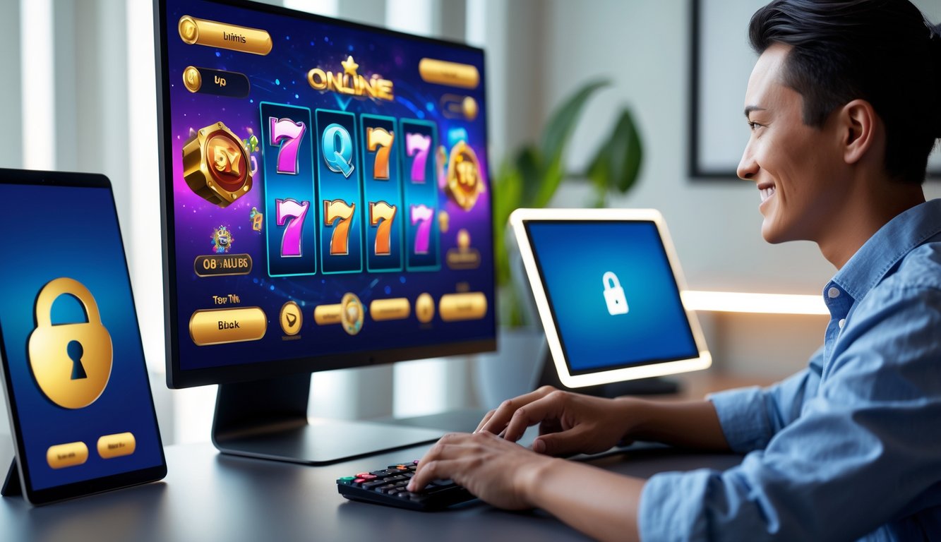 Seorang pria duduk di depan komputer dengan layar menampilkan permainan slot online yang berwarna-warni, di ruang kerja modern dengan pencahayaan terang.