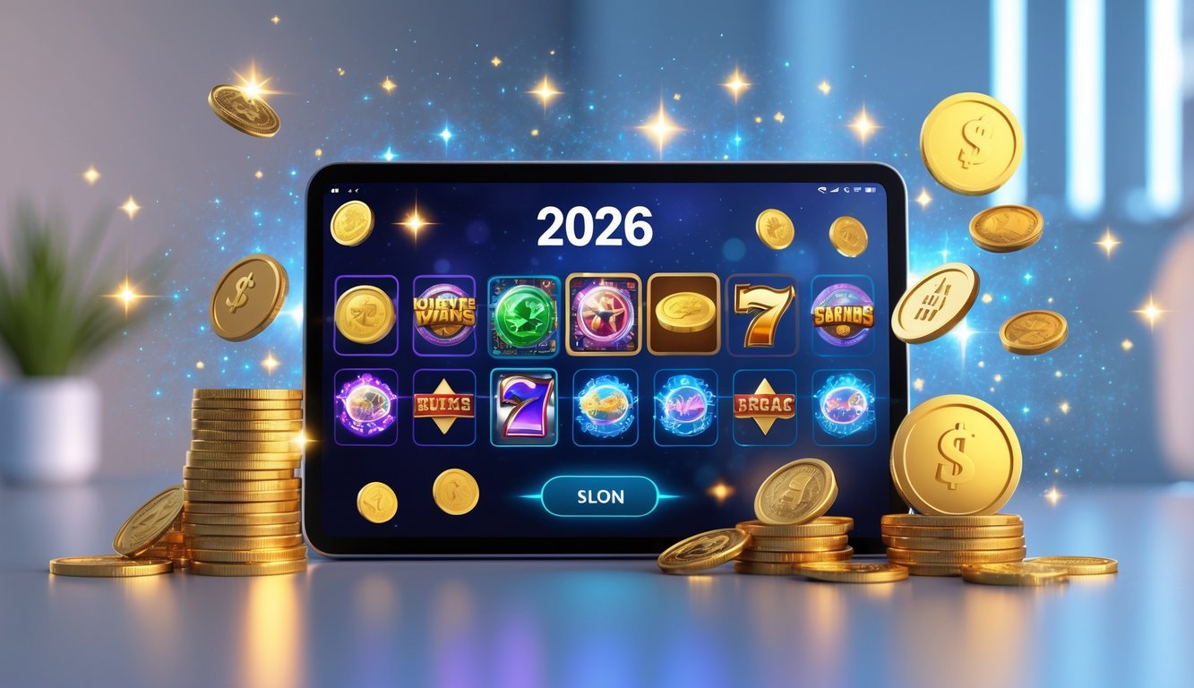 Sebuah layar komputer menampilkan berbagai ikon permainan slot online dengan koin emas dan chip di sekitarnya, menunjukkan suasana permainan kasino digital modern.