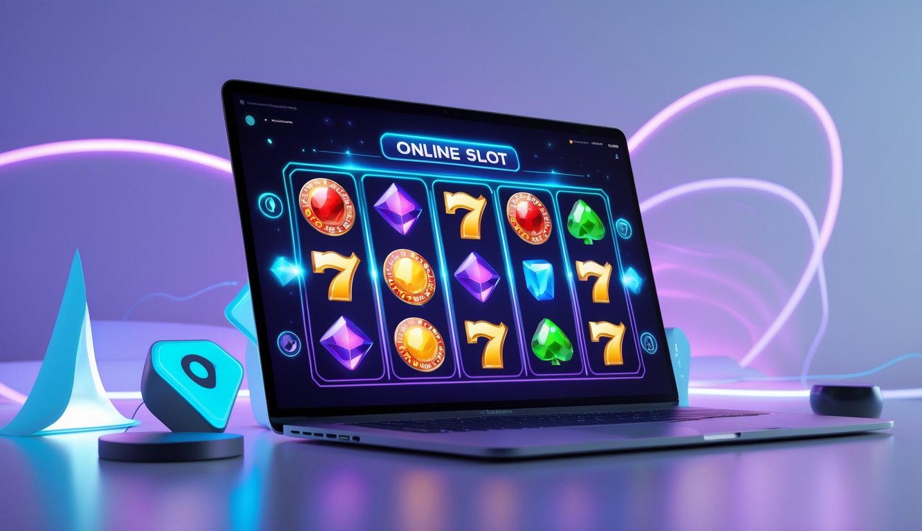 Sebuah layar komputer menampilkan permainan slot online berwarna-warni dengan simbol buah dan permata, dikelilingi oleh elemen teknologi futuristik.