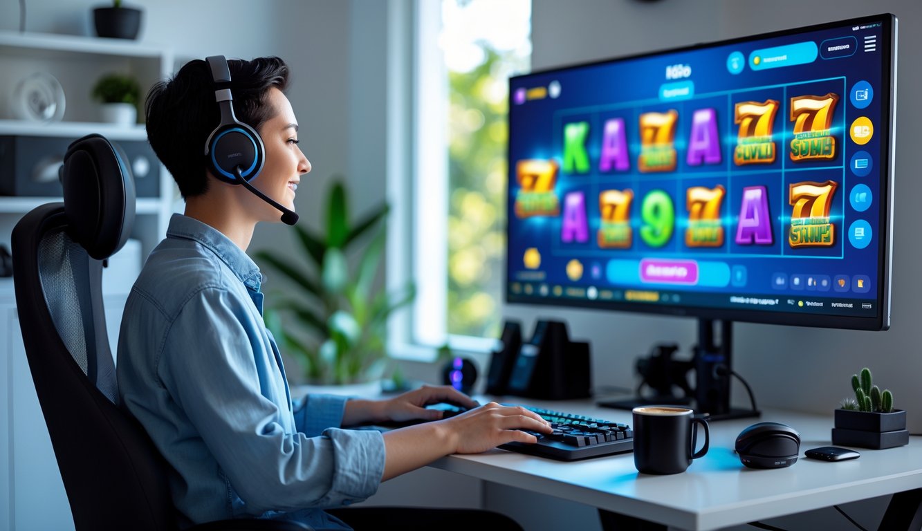 Seseorang duduk di meja kerja dengan komputer yang menampilkan permainan slot online, suasana nyaman dan aman di ruang kerja rumah.