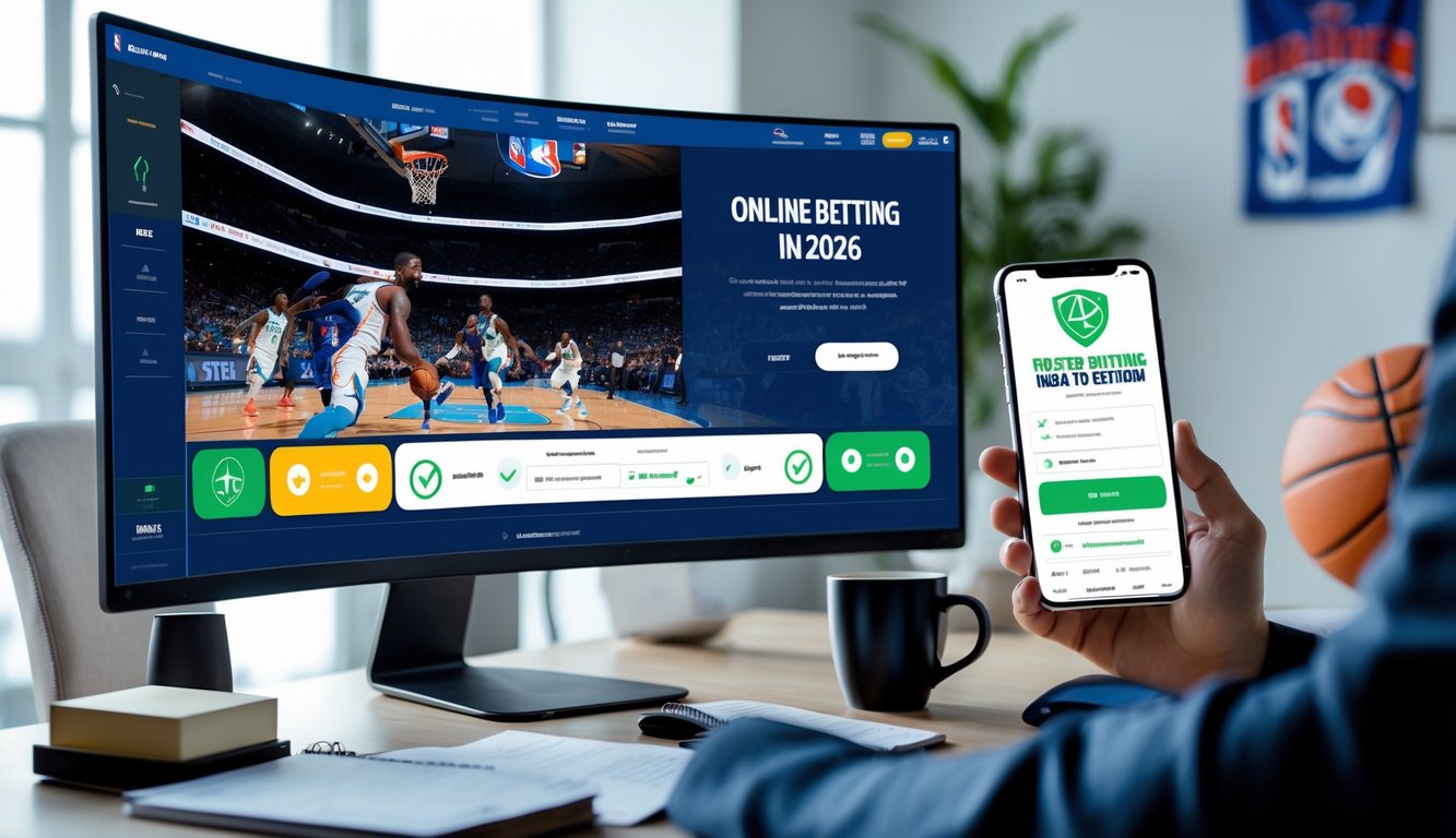 Sebuah ruang kerja modern dengan komputer dan ponsel yang menampilkan pertandingan bola basket dan aplikasi taruhan yang aman.