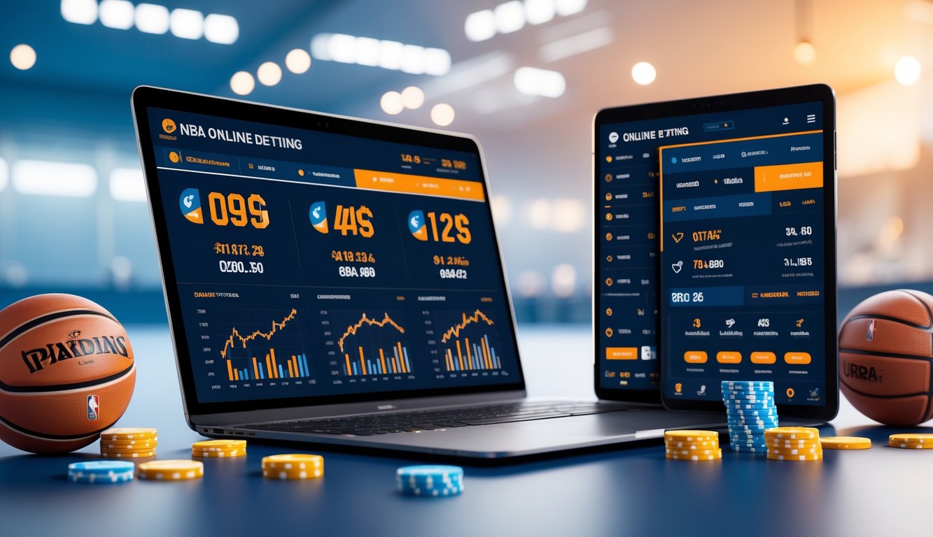 Seorang pria menggunakan laptop dan ponsel yang menampilkan statistik taruhan NBA online dengan latar belakang arena bola basket.