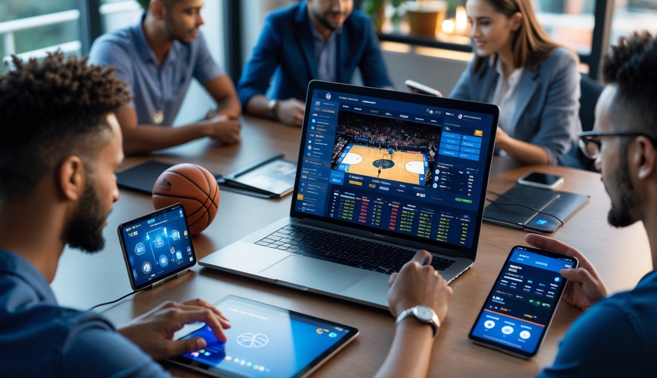 Beberapa orang sedang menggunakan laptop dan perangkat digital untuk taruhan NBA online di sebuah ruang kerja modern.