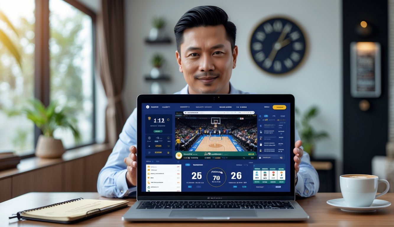 Seorang pria Indonesia menggunakan laptop di ruang kerja modern dengan layar menampilkan pertandingan bola basket dan elemen terkait taruhan online.