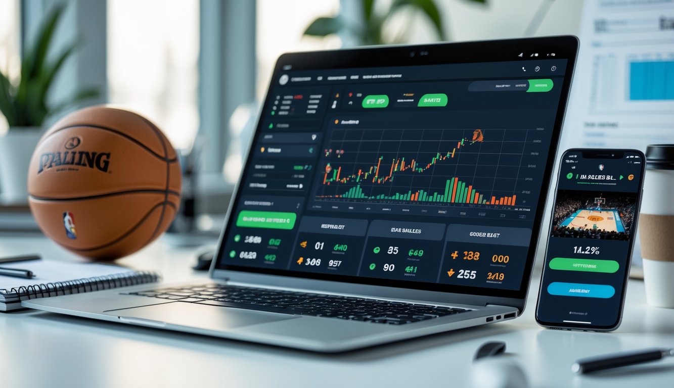 Seorang pria menggunakan laptop dan smartphone untuk melihat statistik dan taruhan NBA secara online di meja kerja modern.
