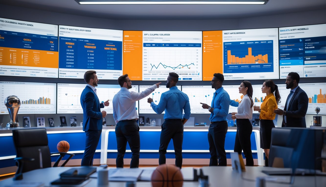Sekelompok analis dan penggemar bola basket sedang berdiskusi di ruang kerja modern dengan layar menampilkan statistik dan grafik tim NBA.
