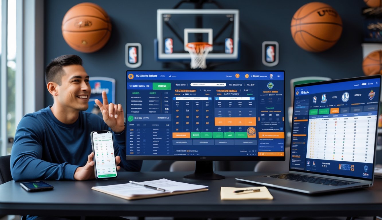 Seorang penggemar bola basket duduk di meja dengan beberapa layar yang menampilkan pertandingan NBA dan peluang taruhan, sambil mencatat strategi taruhan.