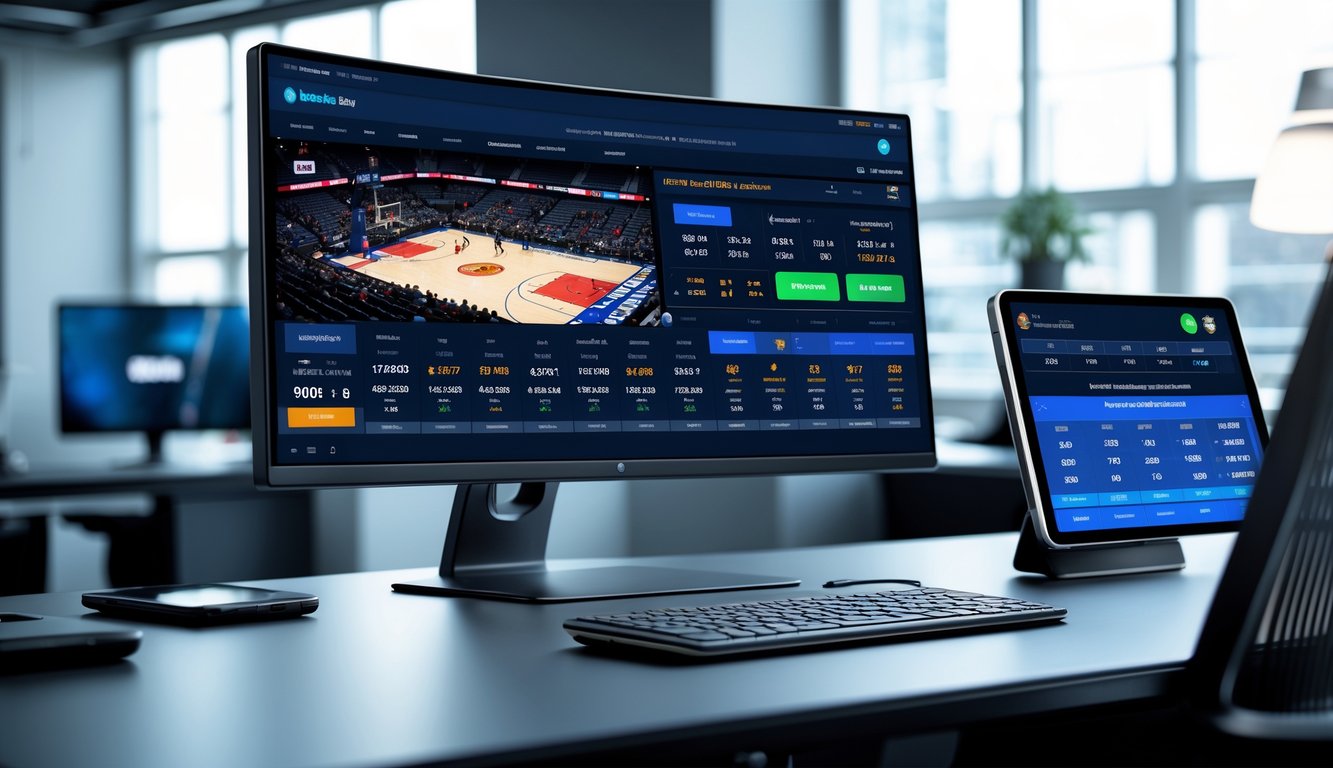 Sebuah ruang kerja modern dengan komputer yang menampilkan pertandingan NBA langsung dan fitur taruhan langsung.