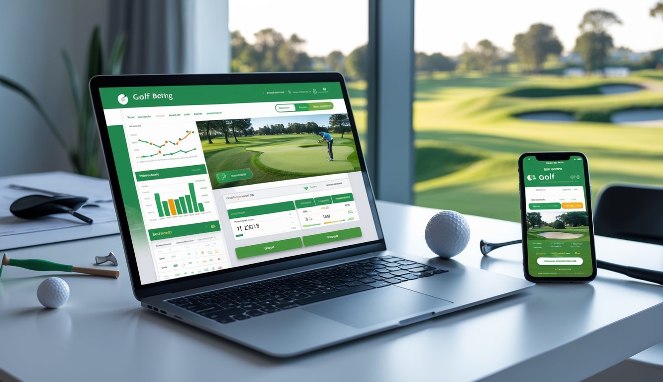 Seorang pengguna bekerja di meja dengan laptop dan ponsel yang menampilkan situs taruhan golf online, dengan bola golf dan stik golf di atas meja, dan pemandangan lapangan golf di latar belakang.