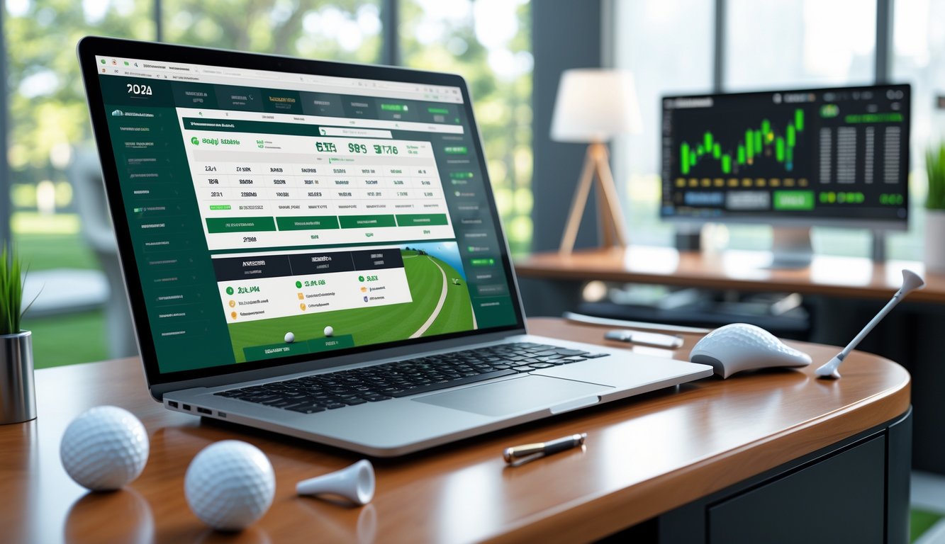 Seorang pria menggunakan laptop di meja dengan bola golf dan stik golf di sekitarnya di dalam ruangan kantor yang terang.