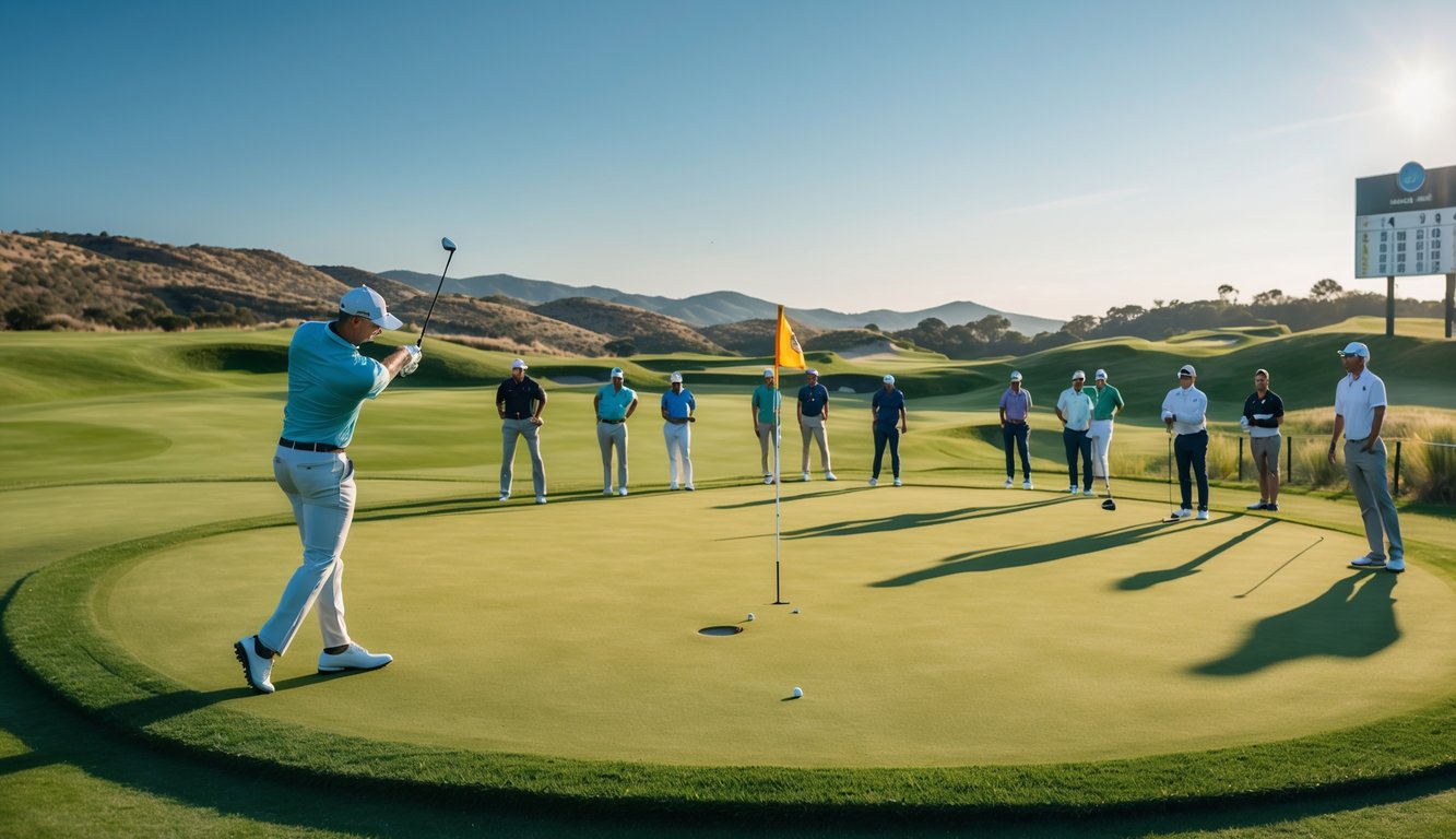 Lapangan golf dengan pemain golf yang sedang bermain, pemandangan hijau dan langit cerah.