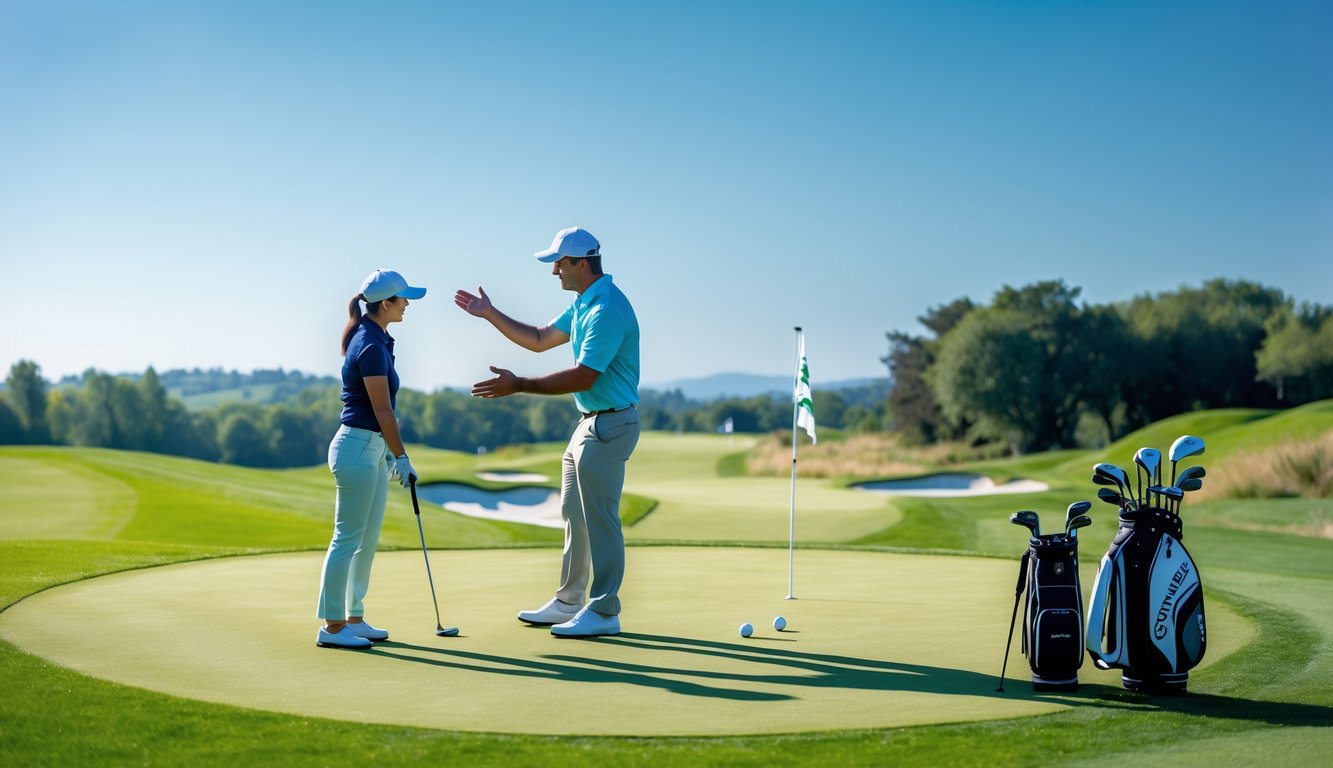 Dua pemain golf, satu pemula dan satu profesional, bermain golf di lapangan hijau yang luas dengan langit cerah.