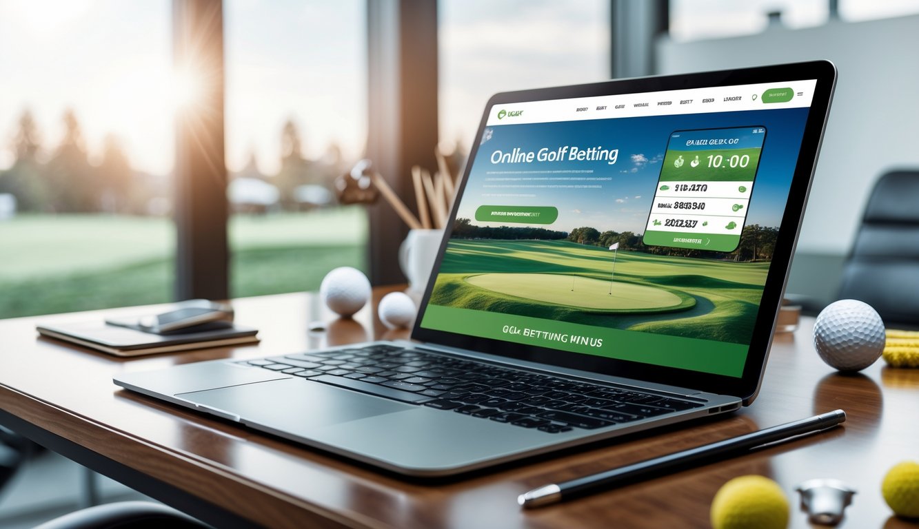 Sebuah laptop di atas meja dengan perlengkapan golf di sekitarnya, menampilkan konsep taruhan golf online yang modern dan profesional.