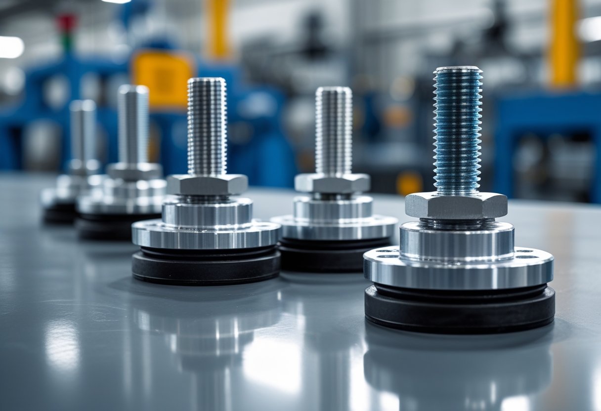 Close-up of industrial leveling mounts arranged on a surface with blurred factory machinery in the background.