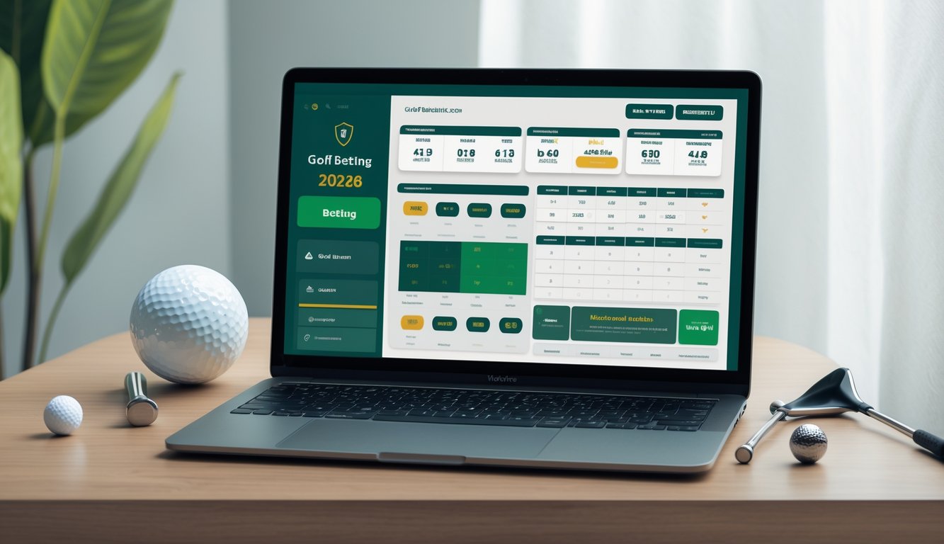 Sebuah meja kerja dengan laptop yang menampilkan data taruhan golf online, dikelilingi bola golf dan tongkat golf.