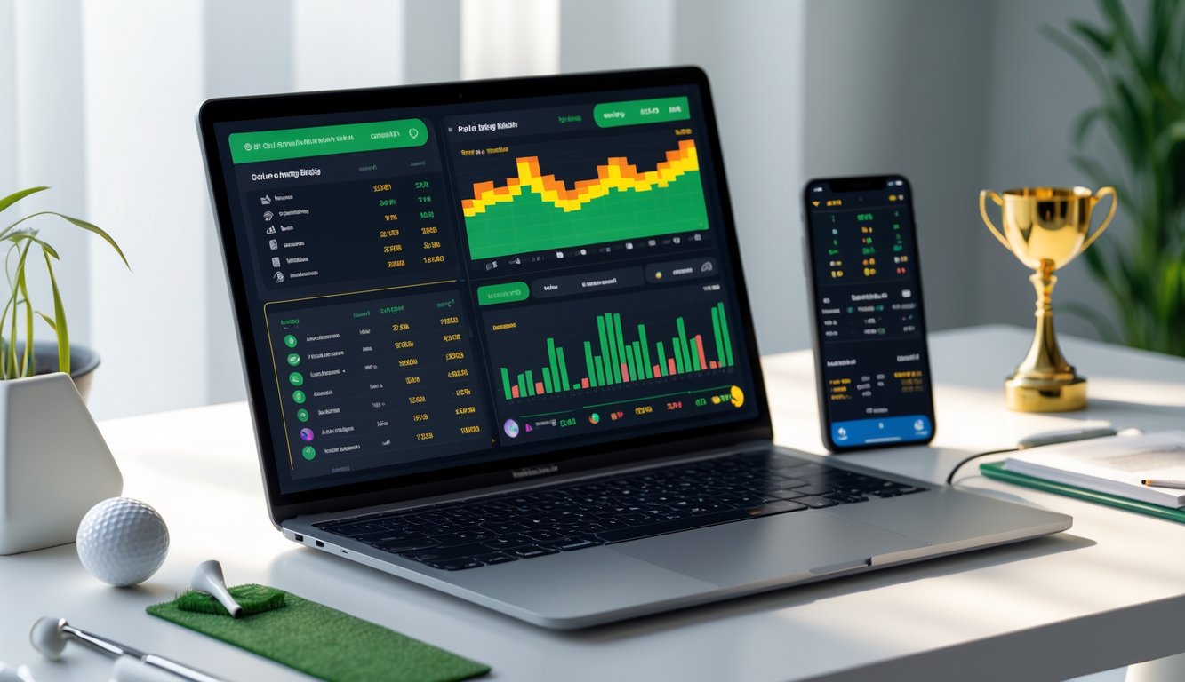 Seorang pria menggunakan laptop dan ponsel untuk melihat statistik pemain golf dan taruhan langsung di meja kerja dengan perlengkapan golf di sekitarnya.