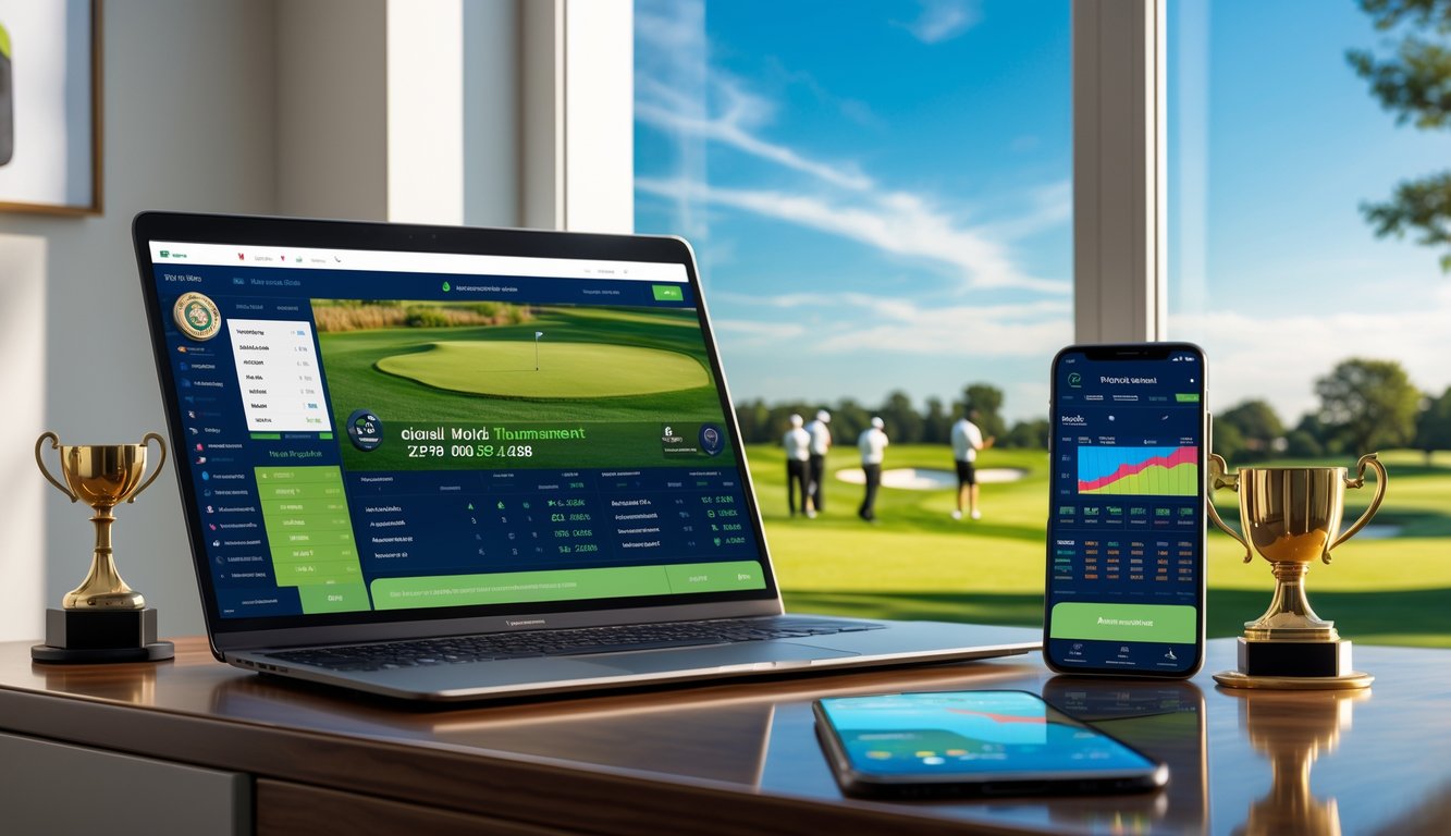 Seorang pria duduk di depan laptop dengan layar menampilkan statistik golf, di latar belakang lapangan golf yang hijau dan cerah dengan pemain yang sedang bermain.