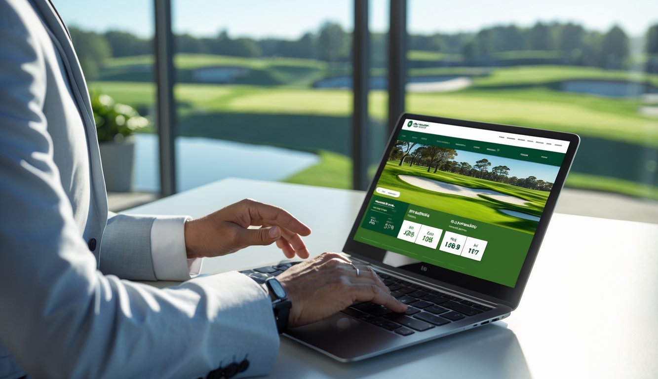 Seseorang menggunakan laptop dengan tampilan situs taruhan golf online, latar belakang pemandangan lapangan golf hijau dari jendela besar.