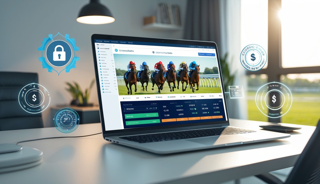 Layar komputer menampilkan antarmuka taruhan balap kuda online dengan latar belakang trek balap dan kuda berlari.