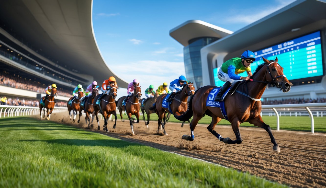 Beberapa kuda pacuan dengan joki berwarna-warni sedang berlari kencang di lintasan balap dengan penonton di latar belakang.