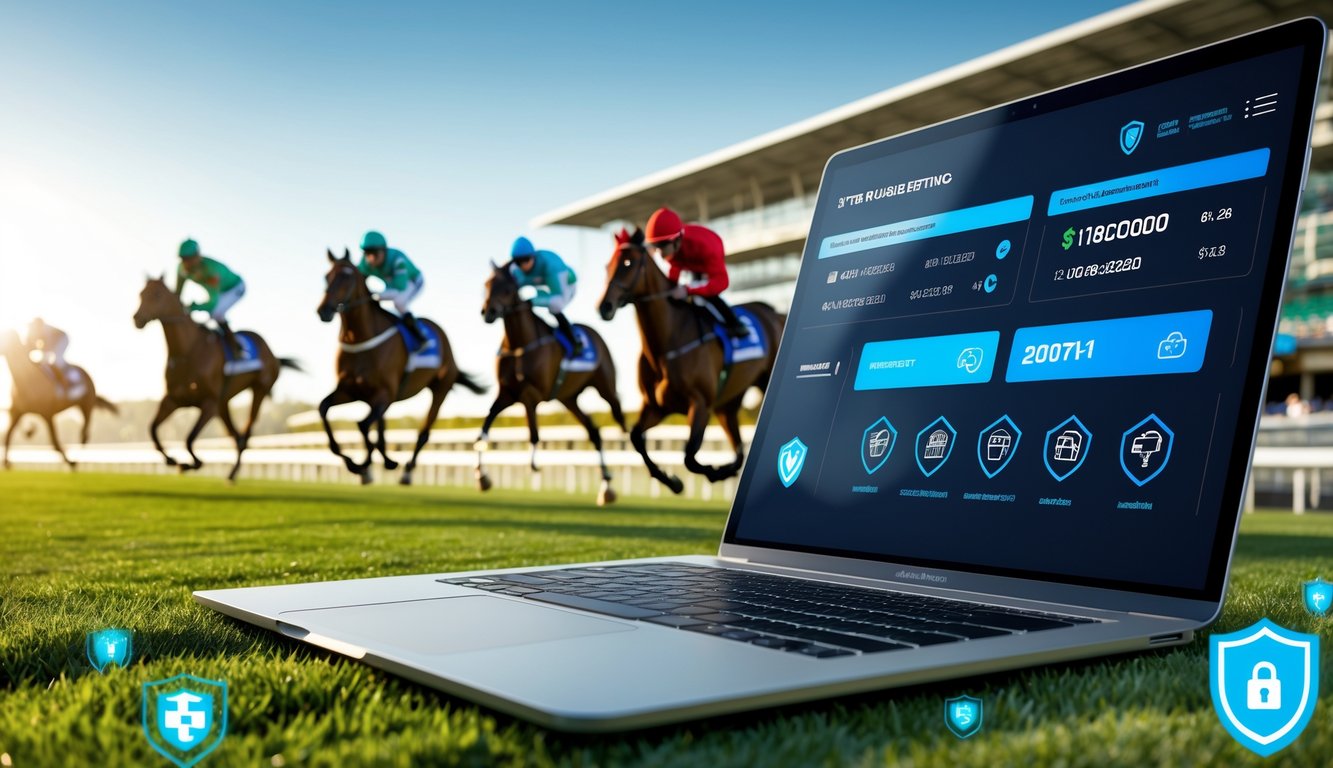 Layar perangkat modern menampilkan antarmuka taruhan balap kuda dengan latar belakang pacuan kuda yang sedang berlomba.
