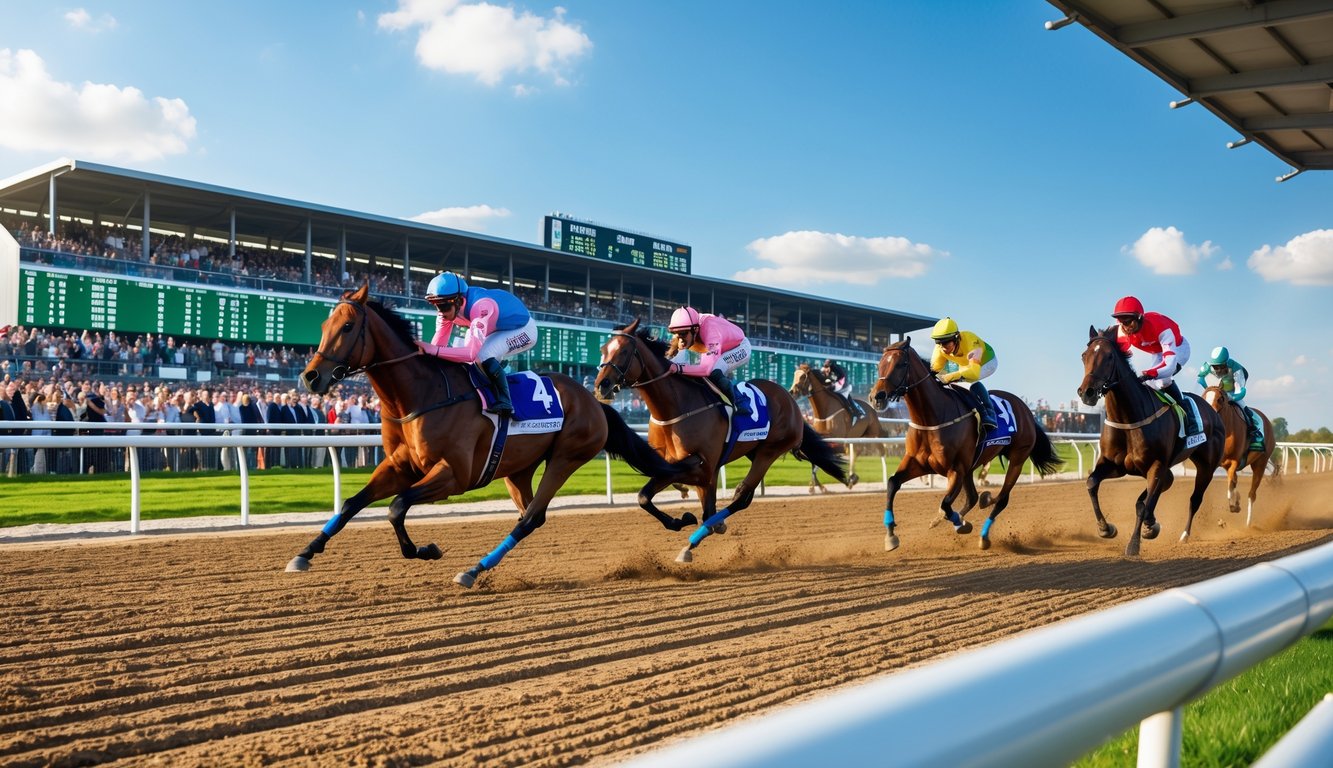 Balapan kuda dengan beberapa joki berlari di lintasan dengan penonton menyaksikan di tribun.