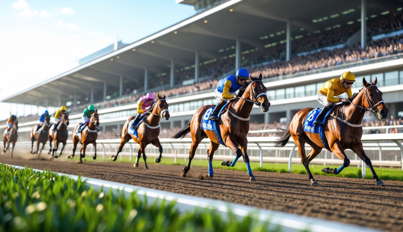 Balapan kuda dengan beberapa joki mengenakan pakaian berwarna-warni sedang berlari kencang di lintasan pacuan dengan tribun penonton di latar belakang.