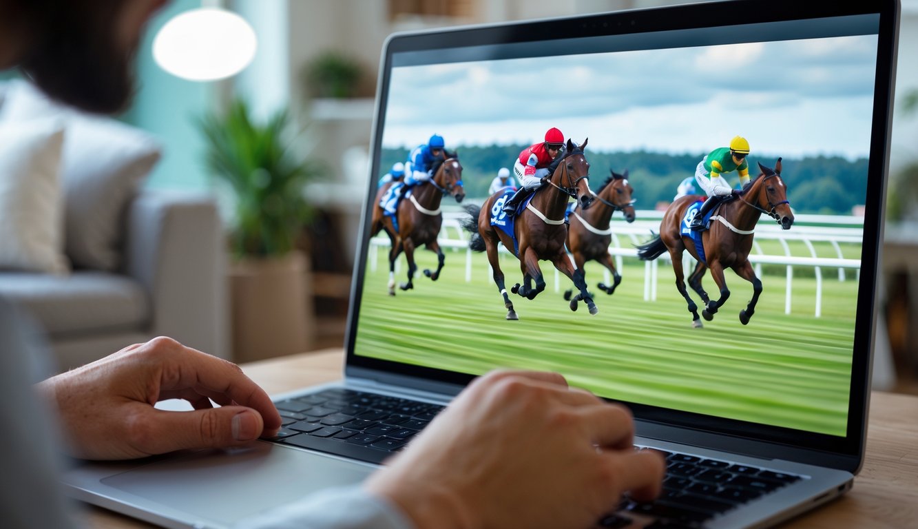 Seseorang menonton balap kuda secara online di layar komputer dengan gambar balapan kuda yang sedang berlangsung.