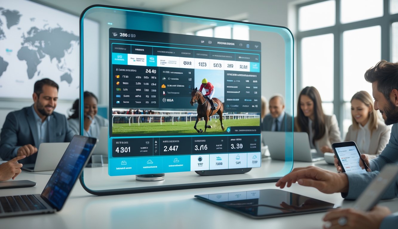 Orang-orang sedang menggunakan perangkat digital untuk mengikuti balap kuda online dengan tampilan data dan statistik balapan di layar besar.