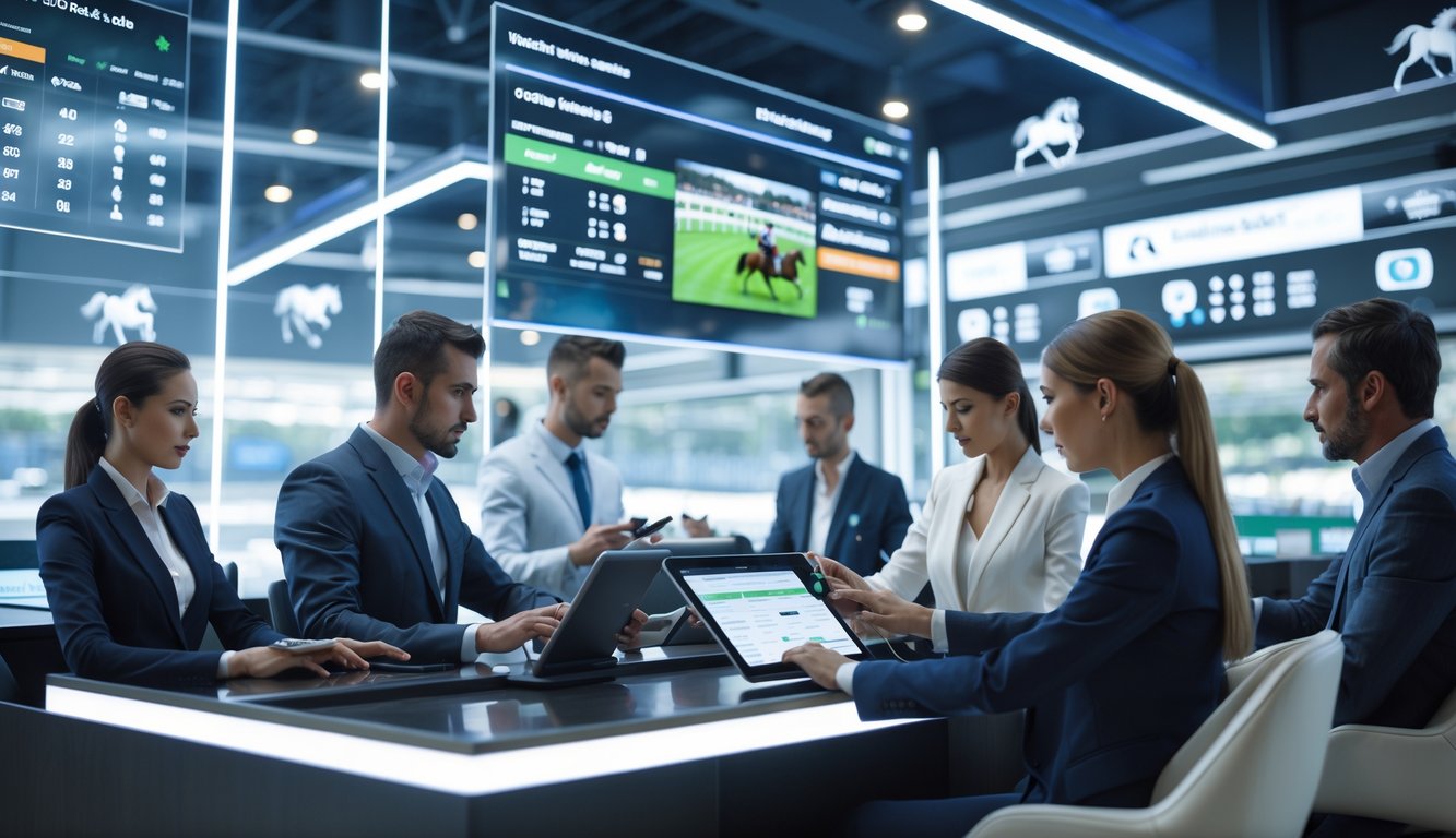 Beberapa orang profesional sedang menggunakan layar digital untuk memasang taruhan balap kuda secara online di ruang modern.