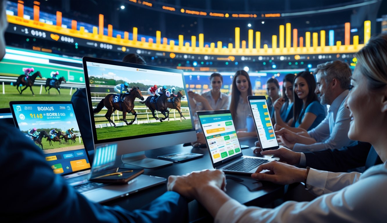 Orang-orang menggunakan perangkat digital untuk menonton dan bertaruh pada balap kuda online dengan layar menampilkan perlombaan kuda yang sedang berlangsung.