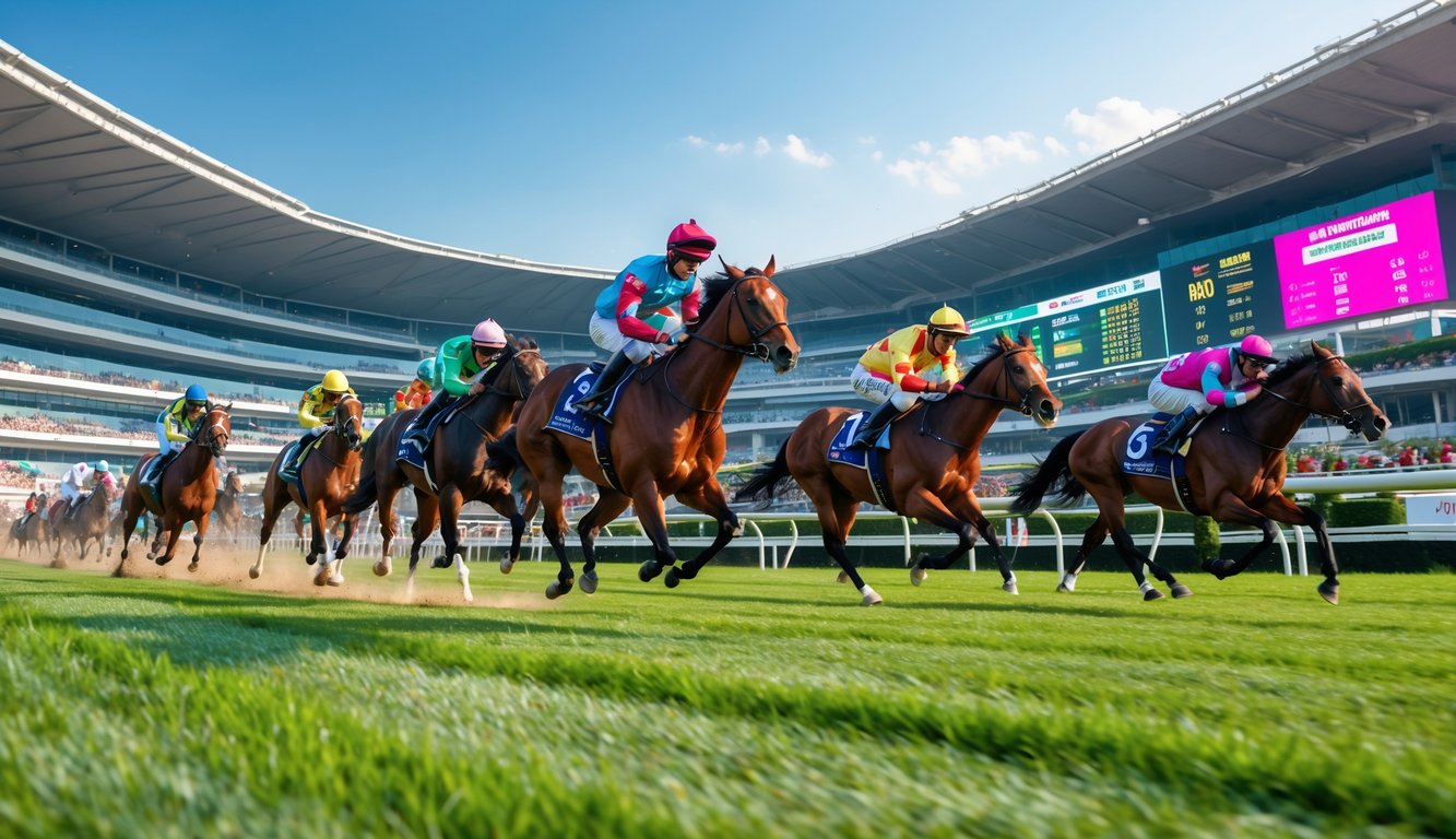 Lomba pacuan kuda dengan beberapa kuda dan joki berlari cepat di lintasan hijau, penonton di stadion modern di latar belakang.